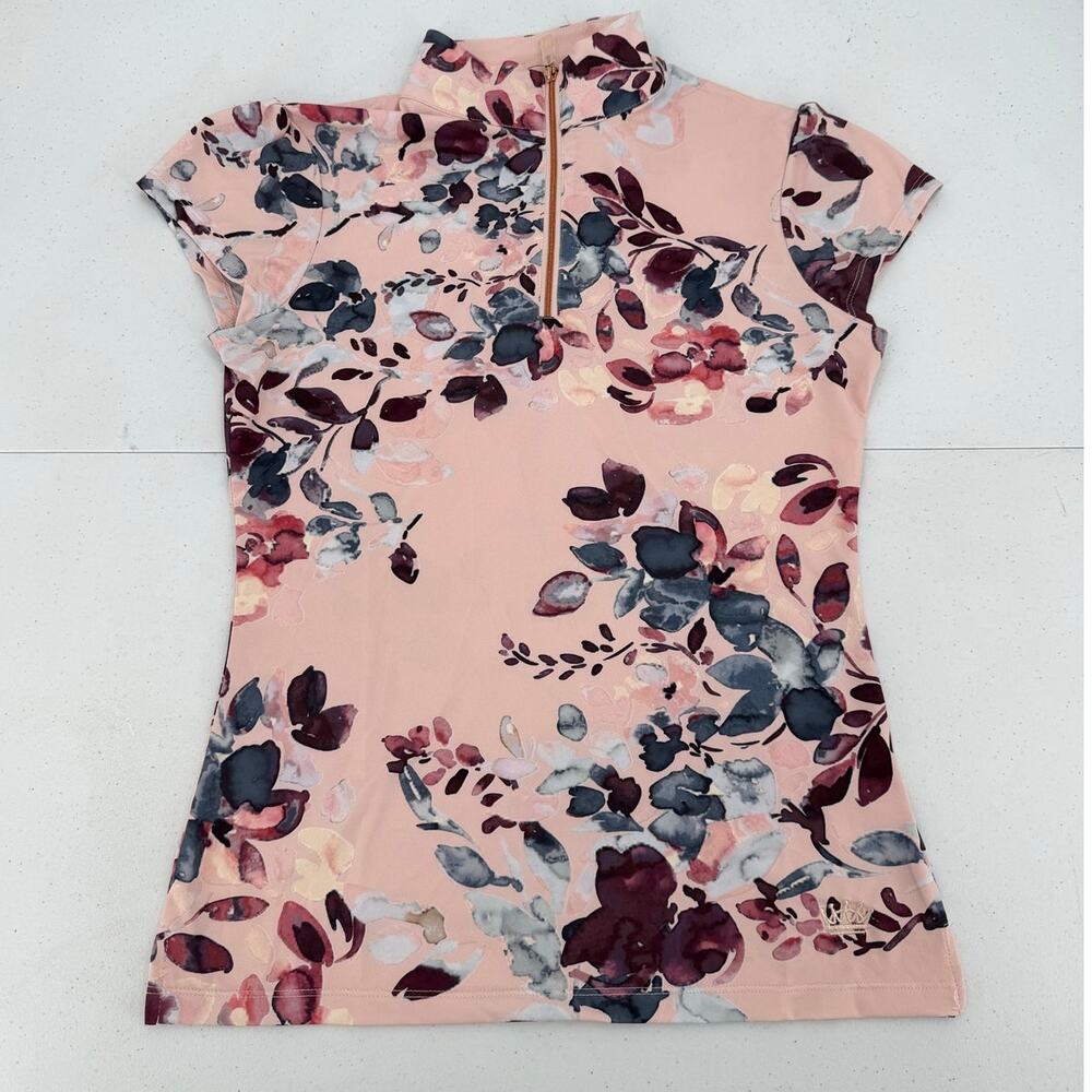 NWT Kastel Sport Cap Sleeve Rose Gold Zip Pearl Blush Watercolor Blouse Size XS - Picture 6 of 13